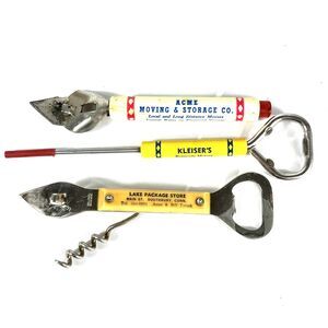 Vintage Advertising Memorabilia: 3 Bottle Openers Ice Pick Can Opener Cork Screw